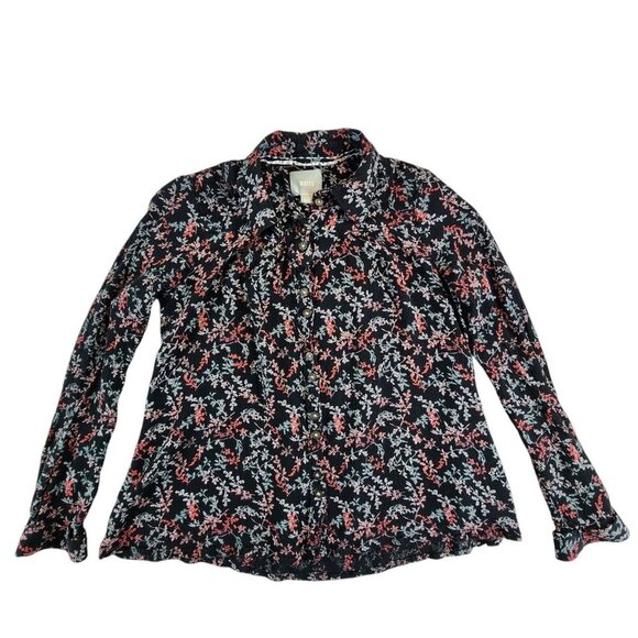 Maeve ANTHROPOLOGIE Bainbridge Black Gathered FLORAL Button Down Top Bohemian 4‎ - Picture 1 of 10